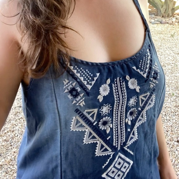 EMBROIDERED Light CHAMBRAY Lace BOHO Denim Dress L - Picture 5 of 6